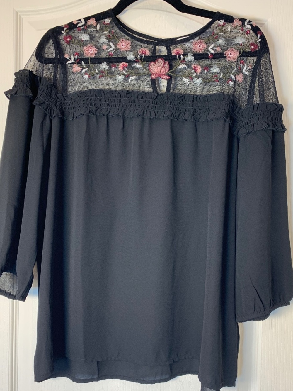 Romantic Embroidered Mesh Blouse XL Black Floral Cottagecore Sheer Top